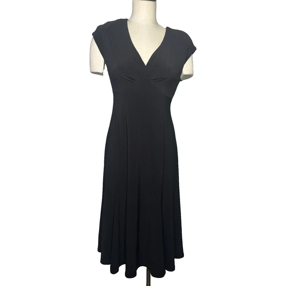 Jones New York Black Jersey A-Line Midi Dress V-Neck Cap‎ Sleeve Size 8